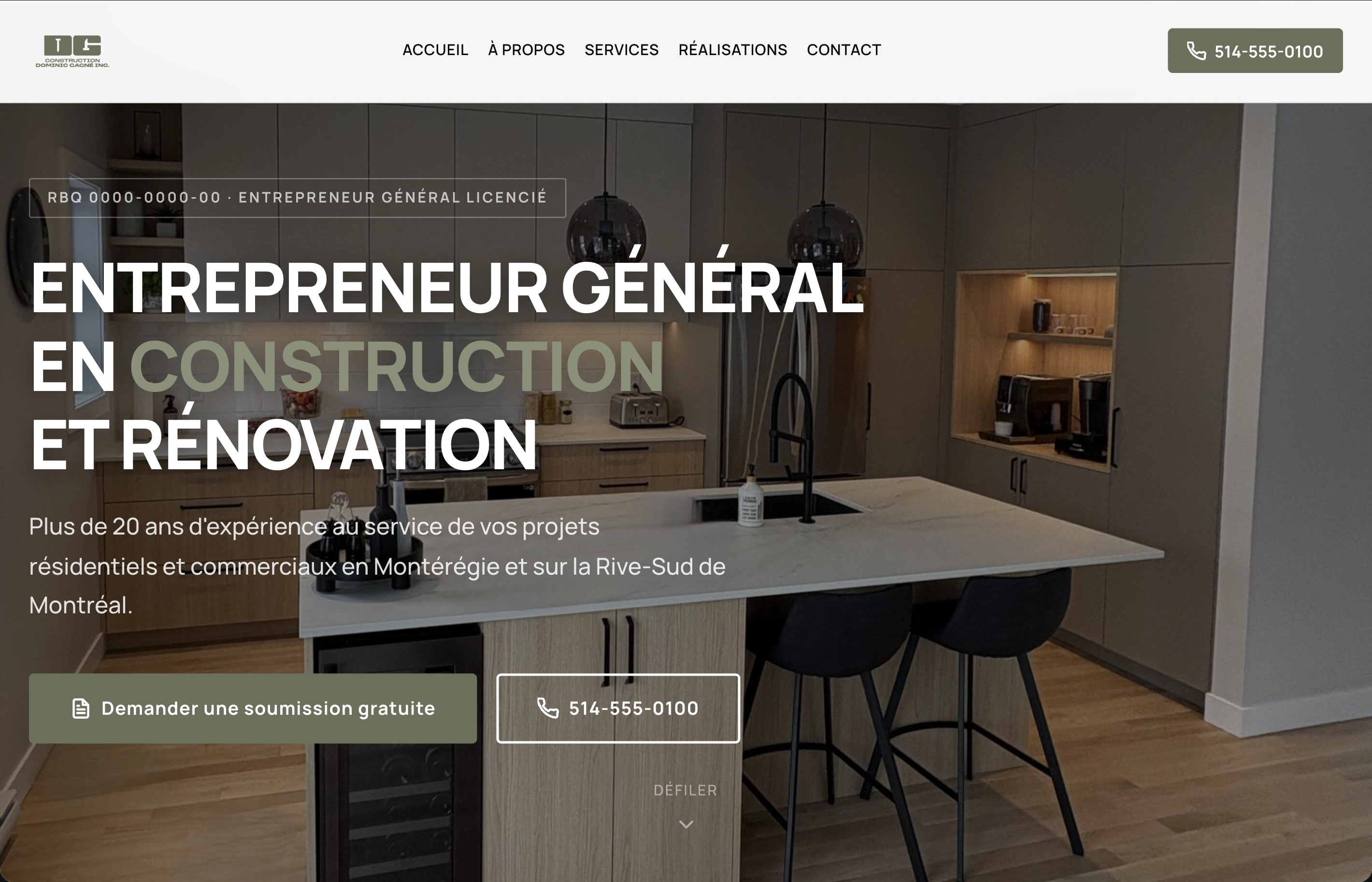 Accueil du site Construction Dominic Gagné sur ordinateur